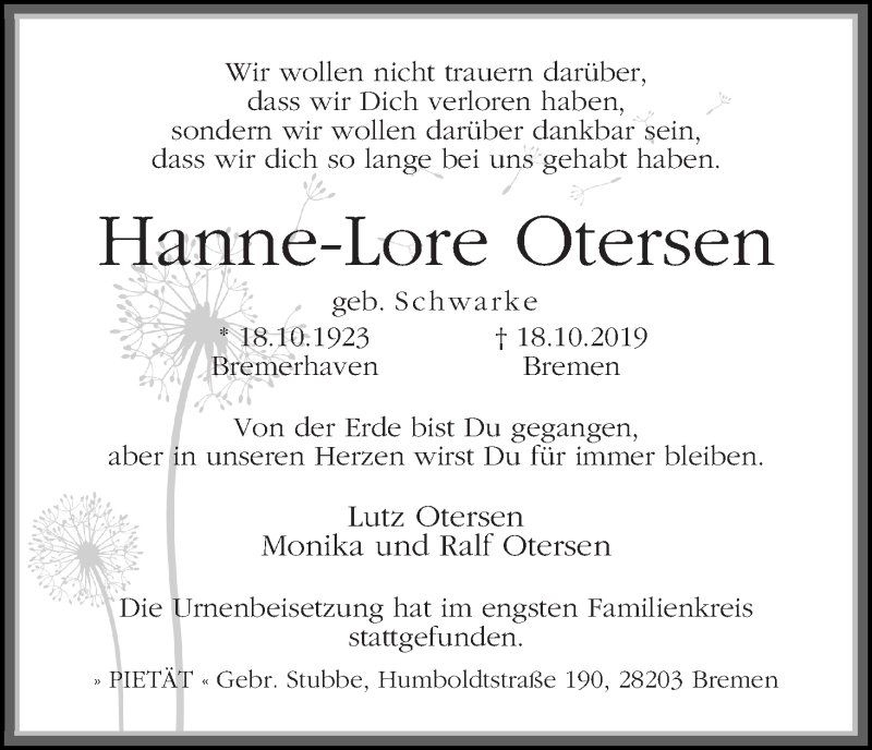 Traueranzeige von Hanne-Lore Otersen von WESER-KURIER