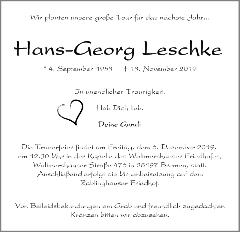 Traueranzeige von Hans-Georg Leschke von WESER-KURIER