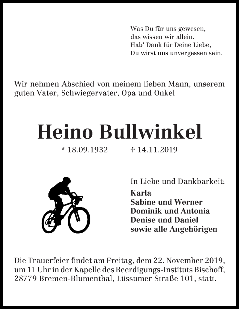 Traueranzeige von Heino Bullwinkel von Die Norddeutsche