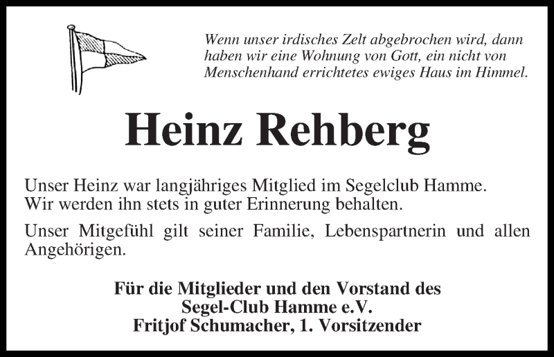 Traueranzeige von Heinz Rehberg von Osterholzer Kreisblatt