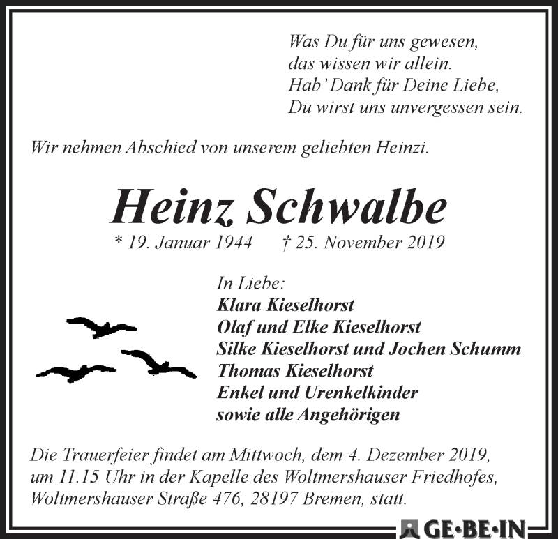 Traueranzeige von Heinz Schwalbe von WESER-KURIER
