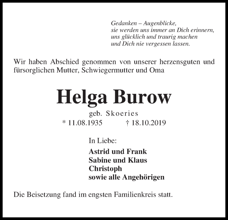 Traueranzeige von Helga Burow von Die Norddeutsche