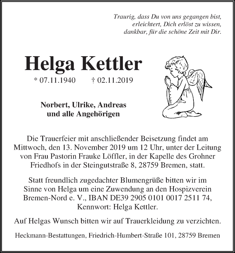 Traueranzeige von Helga Kettler von WESER-KURIER