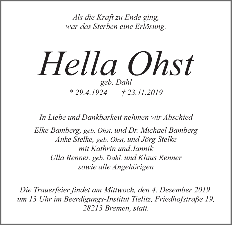 Traueranzeige von Hella Ohst von WESER-KURIER