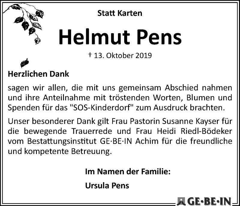 Traueranzeige von Helmut Pens von WESER-KURIER