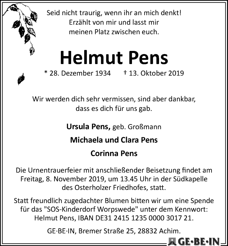 Traueranzeige von Helmut Pens von WESER-KURIER