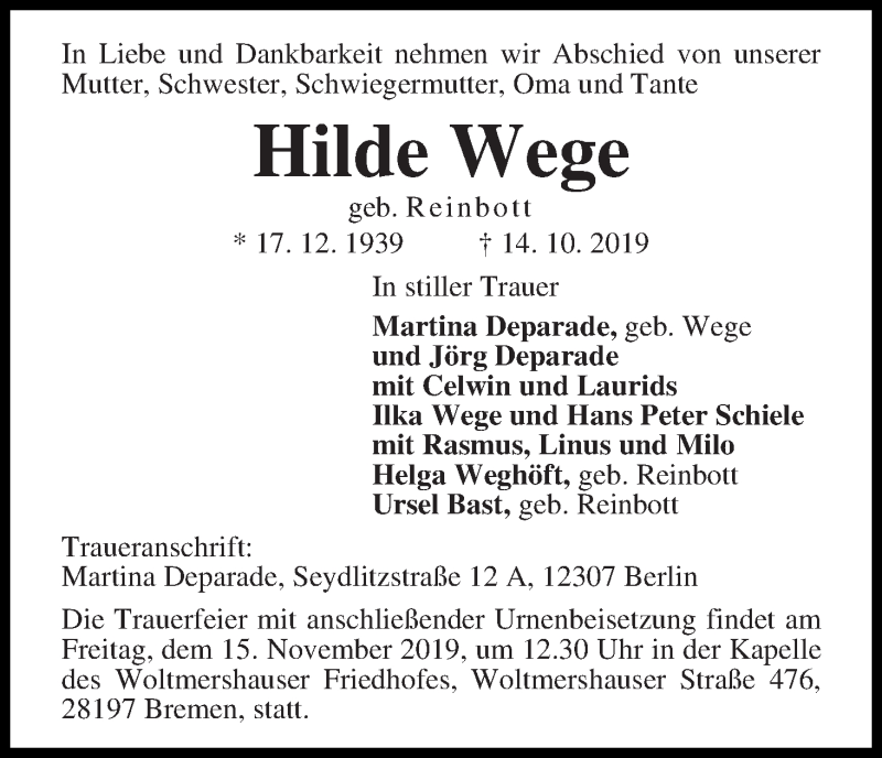 Traueranzeige von Hilde Wege von WESER-KURIER