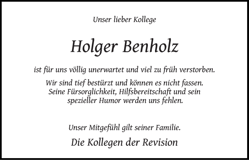 Traueranzeige von Holger Benholz von WESER-KURIER