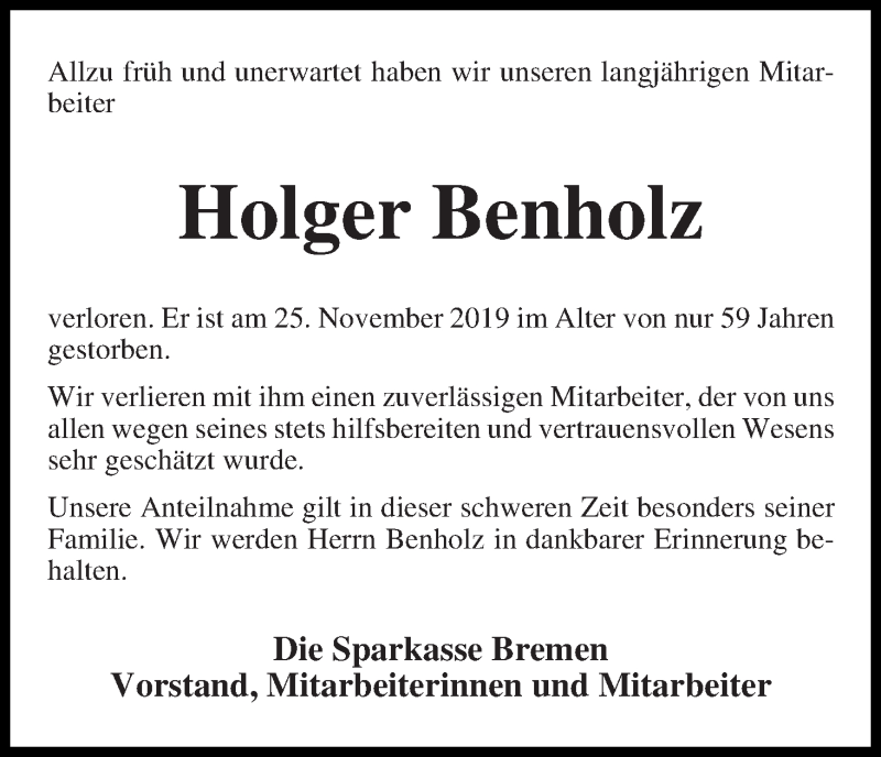 Traueranzeige von Holger Benholz von WESER-KURIER