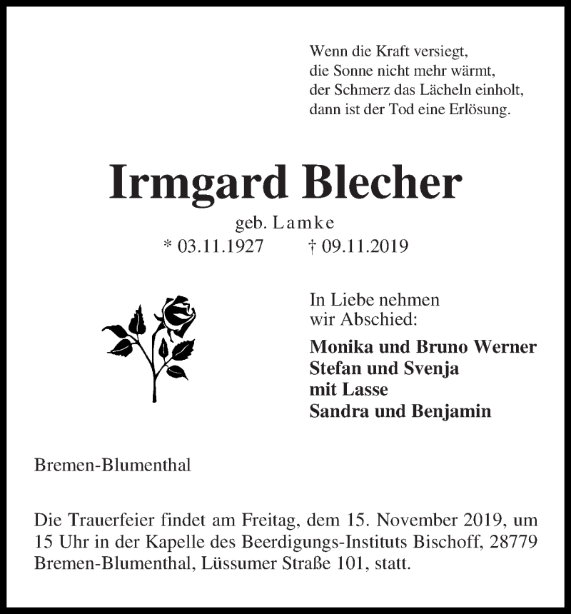 Traueranzeige von Irmgard Blecher von Die Norddeutsche