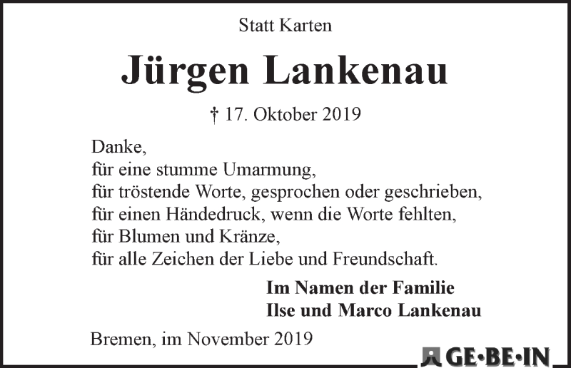 Traueranzeige von Jürgen Lankenau von WESER-KURIER