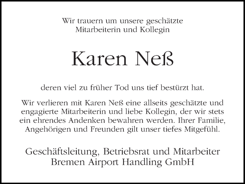 Traueranzeige von Karen Neß von WESER-KURIER