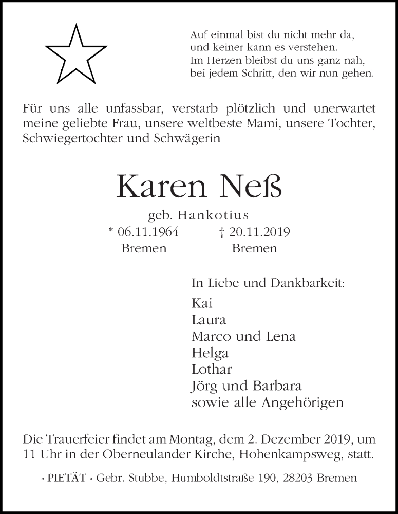 Traueranzeige von Karen Neß von WESER-KURIER