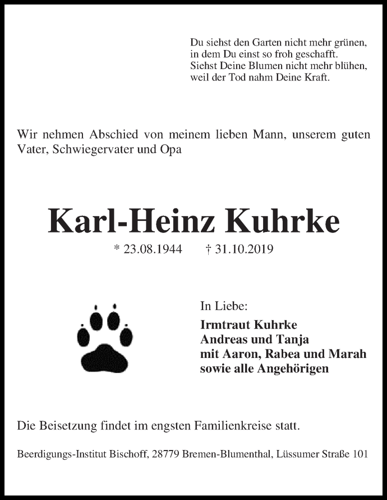 Traueranzeige von Karl-Heinz Kuhrke von Die Norddeutsche