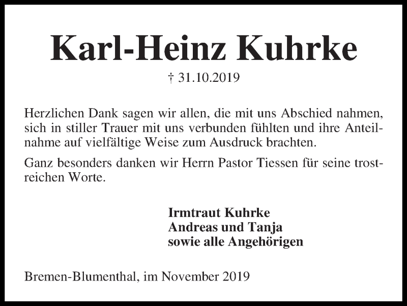 Traueranzeige von Karl-Heinz Kuhrke von Die Norddeutsche
