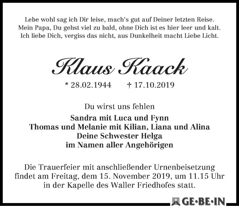 Traueranzeige von Klaus Kaack von WESER-KURIER