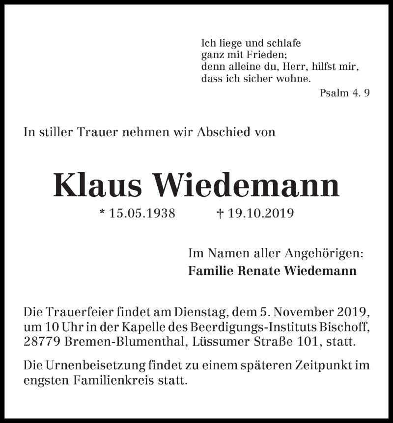 Traueranzeige von Klaus Wiedemann von Die Norddeutsche