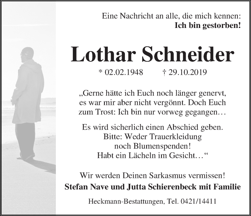 Traueranzeige von Lothar Schneider von WESER-KURIER