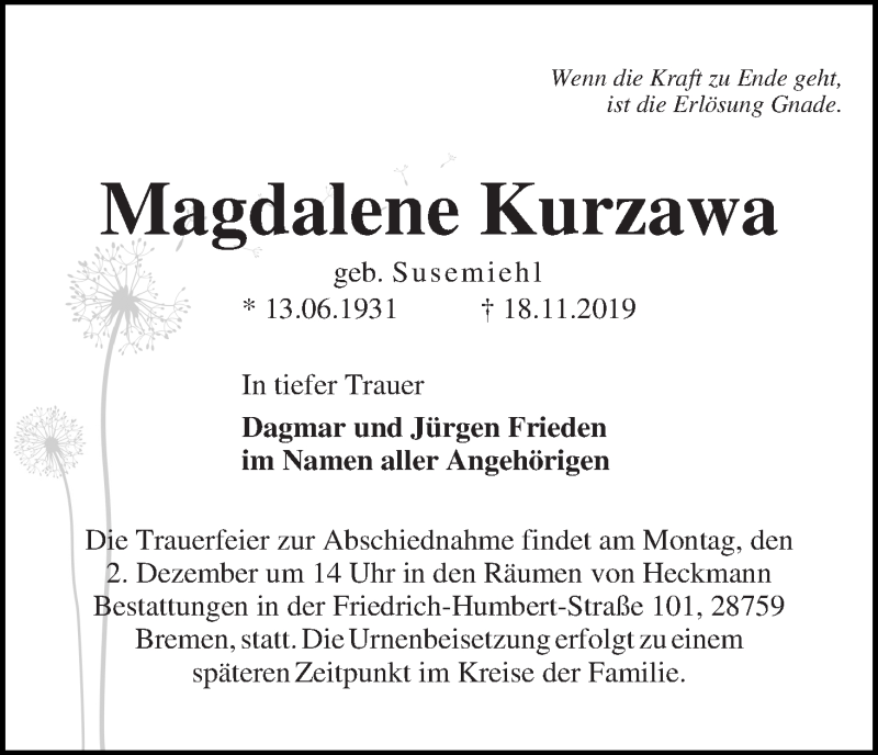 Traueranzeige von Magdalene Kurzawa von Die Norddeutsche