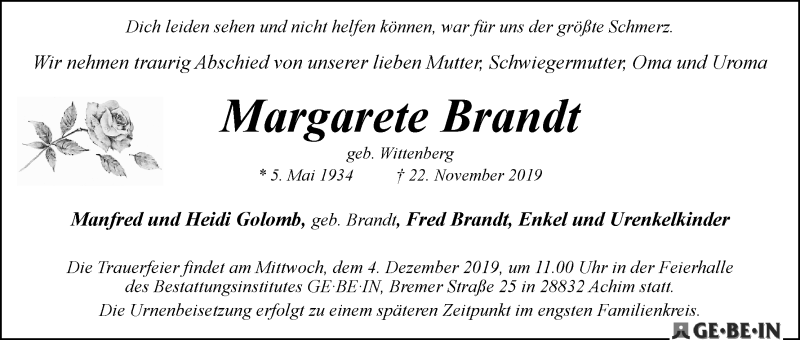 Traueranzeige von Margarete Brandt von WESER-KURIER