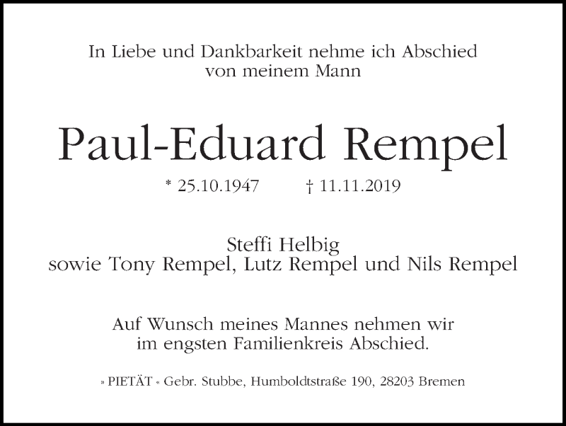 Traueranzeige von Paul-Eduard Rempel von WESER-KURIER