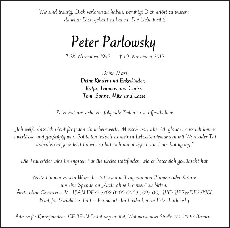 Traueranzeige von Peter Parlowsky von WESER-KURIER