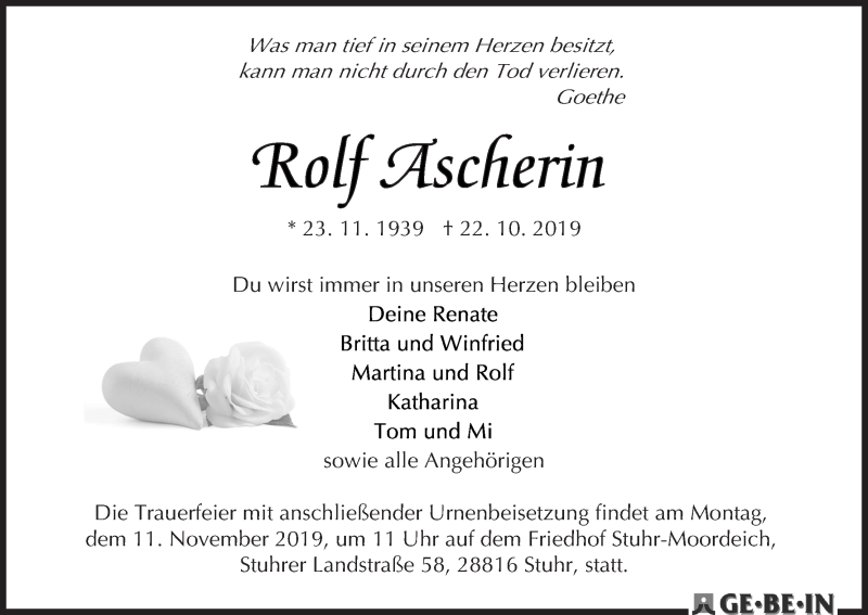 Traueranzeige von Rolf Ascherin von WESER-KURIER
