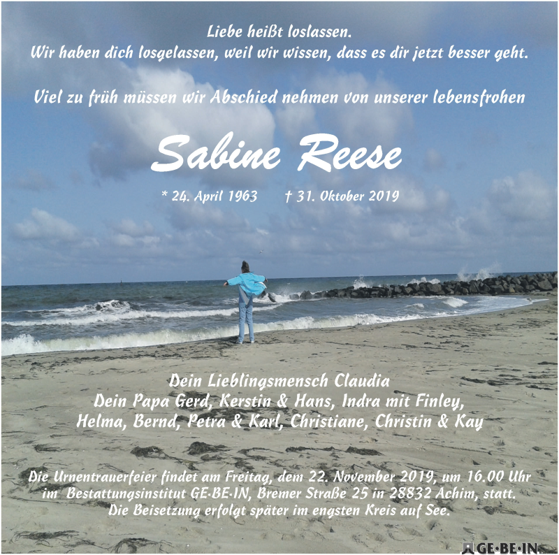 Traueranzeige von Sabine Reese von Achimer Kurier/Verdener Nachrichten