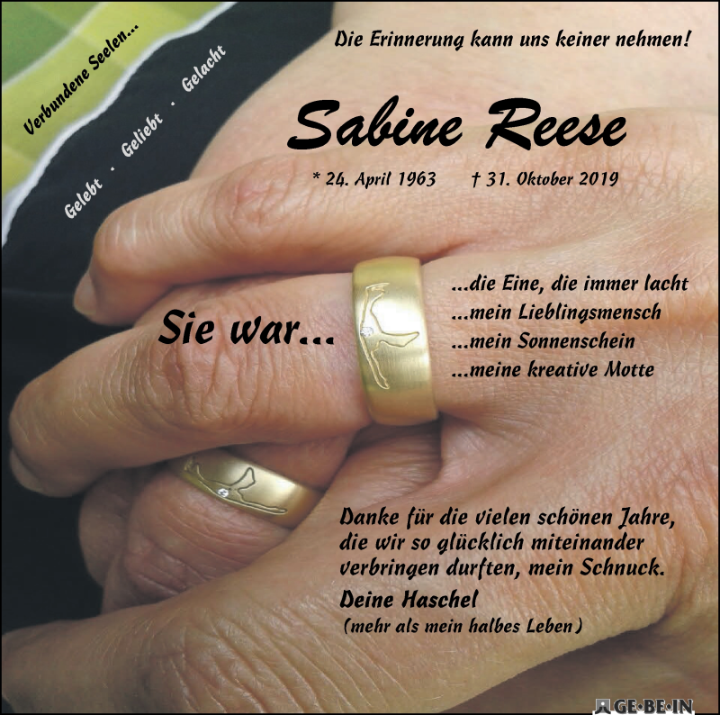 Traueranzeige von Sabine Reese von Achimer Kurier/Verdener Nachrichten