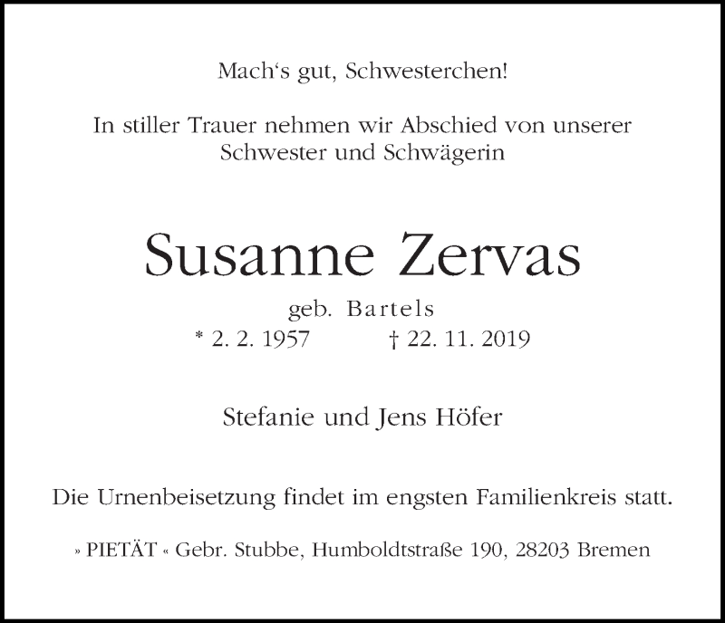 Traueranzeige von Susanne Zervas von WESER-KURIER