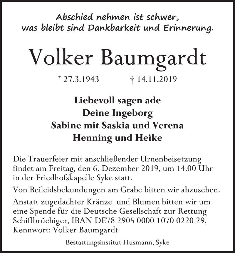 Traueranzeige von Volker Baumgardt von WESER-KURIER