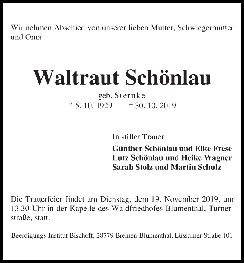 Traueranzeige von Waltraut Schönlau von Die Norddeutsche
