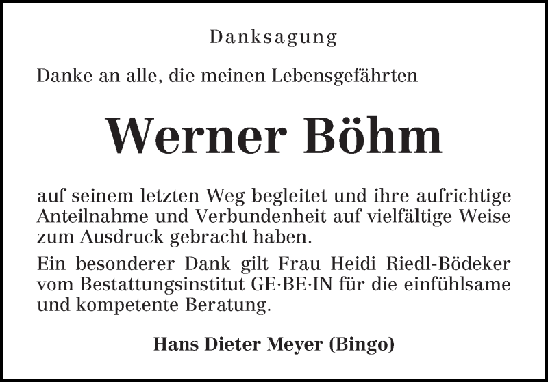 Traueranzeige von Werner Böhm von WESER-KURIER