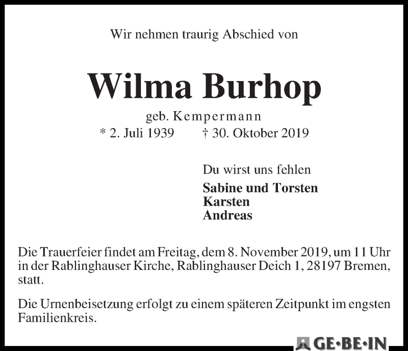 Traueranzeige von Wilma Burhop von WESER-KURIER