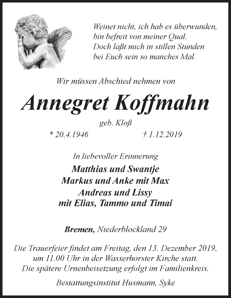Traueranzeige von Annegret Koffmahn von Die Norddeutsche