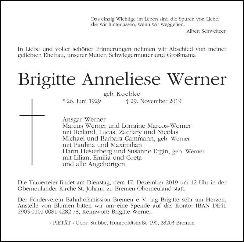 Traueranzeige von Brigitte Anneliese Werner von WESER-KURIER