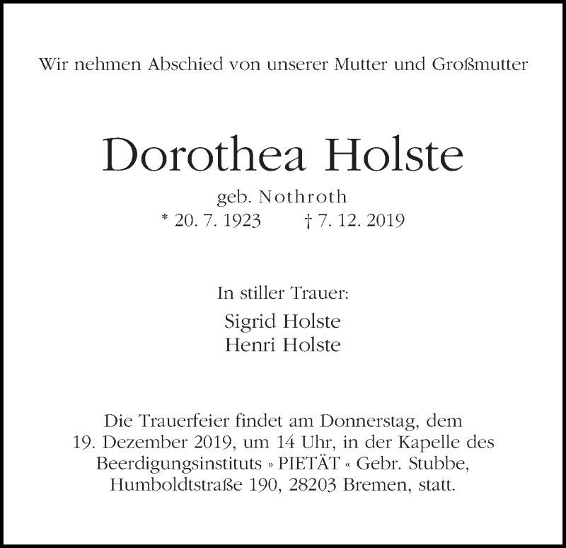 Traueranzeige von Dorothea Holste von WESER-KURIER