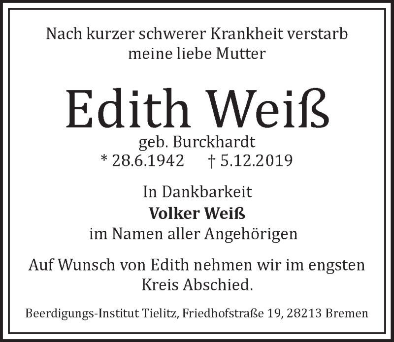Traueranzeige von Edith Weiß von WESER-KURIER