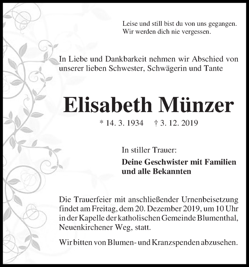 Traueranzeige von Elisabeth Münzer von Die Norddeutsche