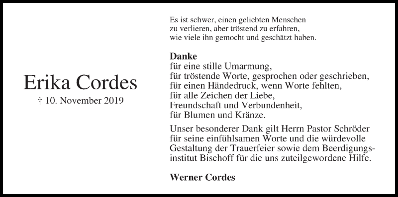 Traueranzeige von Erika Cordes von Die Norddeutsche