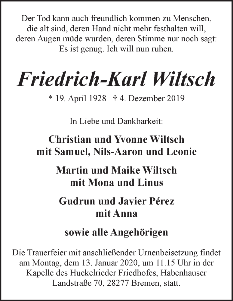Traueranzeige von Friedrich-Karl Wiltsch von WESER-KURIER