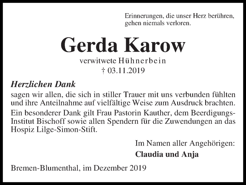 Traueranzeige von Gerda Karow von Die Norddeutsche