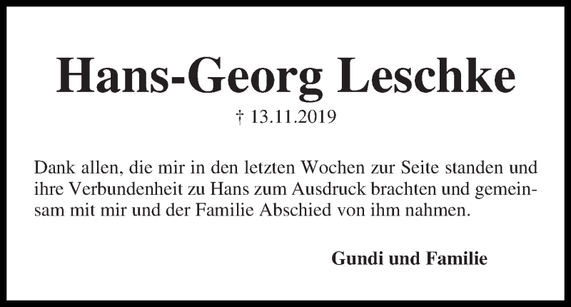 Traueranzeige von Hans-Georg Leschke von WESER-KURIER