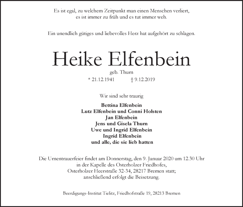 Traueranzeige von Heike Elfenbein von WESER-KURIER