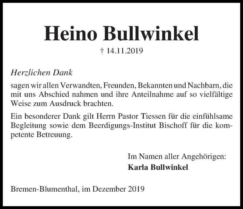 Traueranzeige von Heino Bullwinkel von Die Norddeutsche