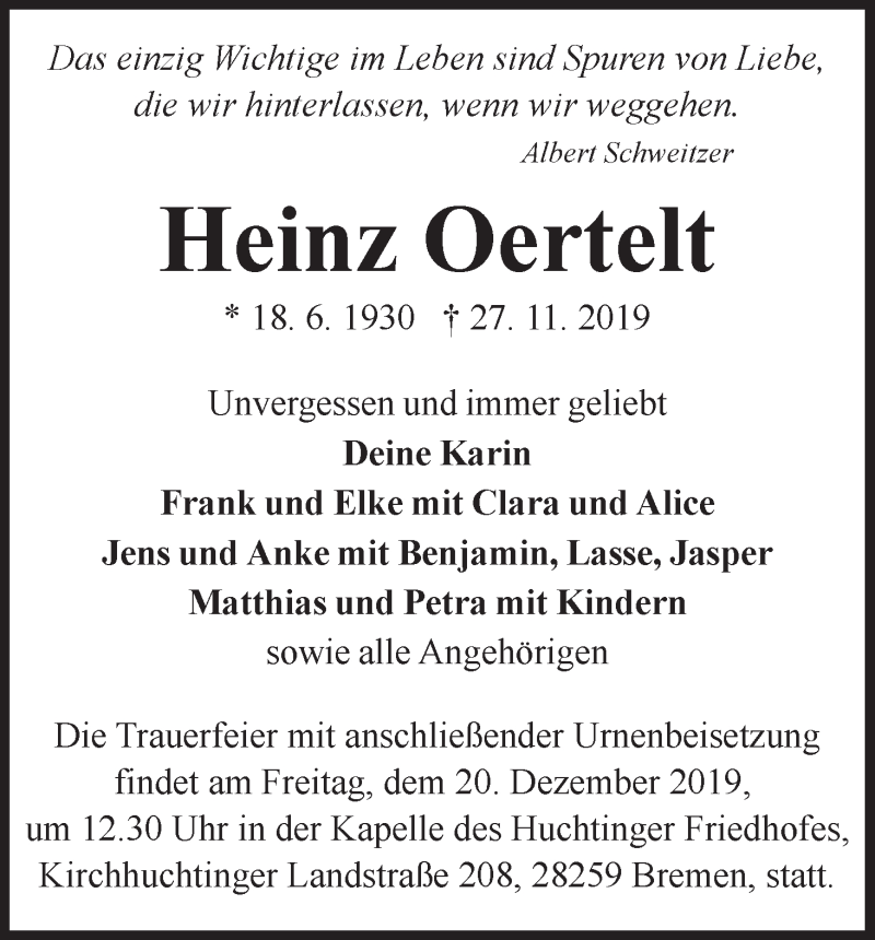 Traueranzeige von Heinz Oertelt von WESER-KURIER