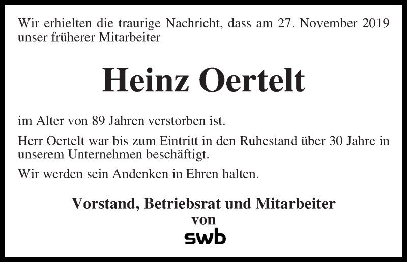 Traueranzeige von Heinz Oertelt von WESER-KURIER