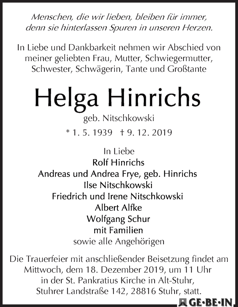 Traueranzeige von Helga Hinrichs von WESER-KURIER