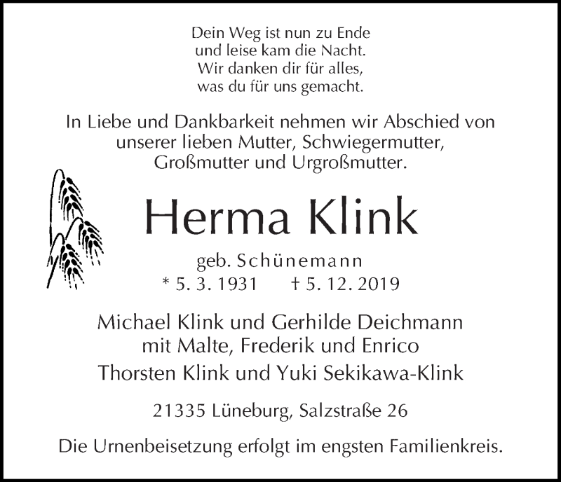 Traueranzeige von Herma Klink von WESER-KURIER
