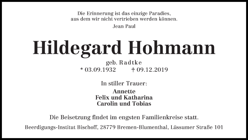 Traueranzeige von Hildegard Hohmann von Die Norddeutsche